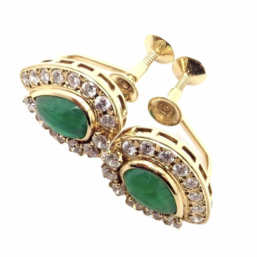 Authentic! Mikimoto 18k Yellow Gold Diamond Teardrop Emerald Screw Back Earrings - Picture 2 of 8